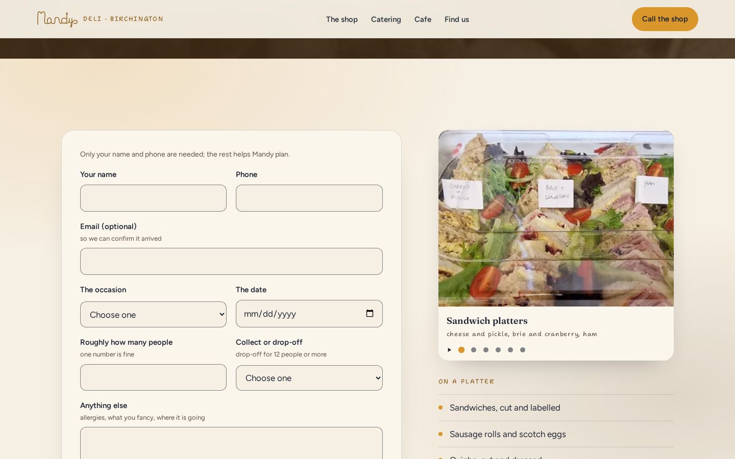 A page of Mandy’s Deli’s website, captured 29 October 2026