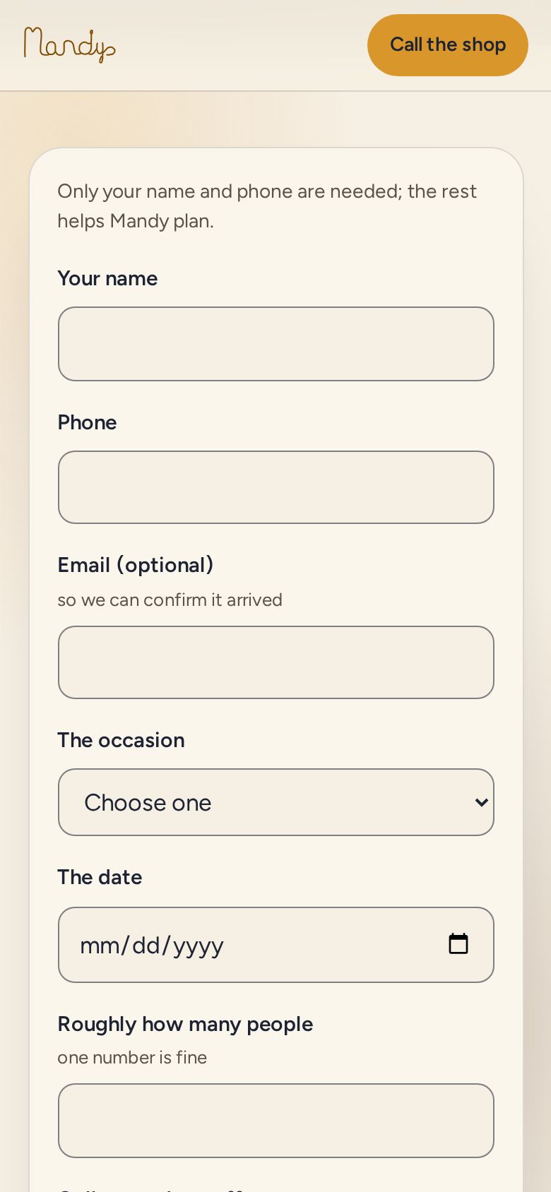 A page of Mandy’s Deli’s website on a phone, captured 29 October 2026