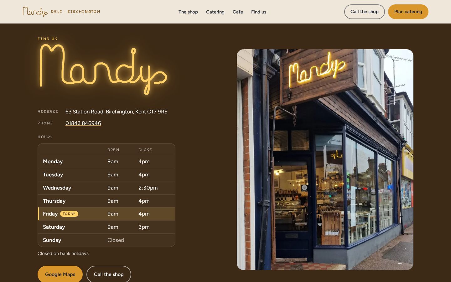 A page of Mandy’s Deli’s website, captured 29 October 2026