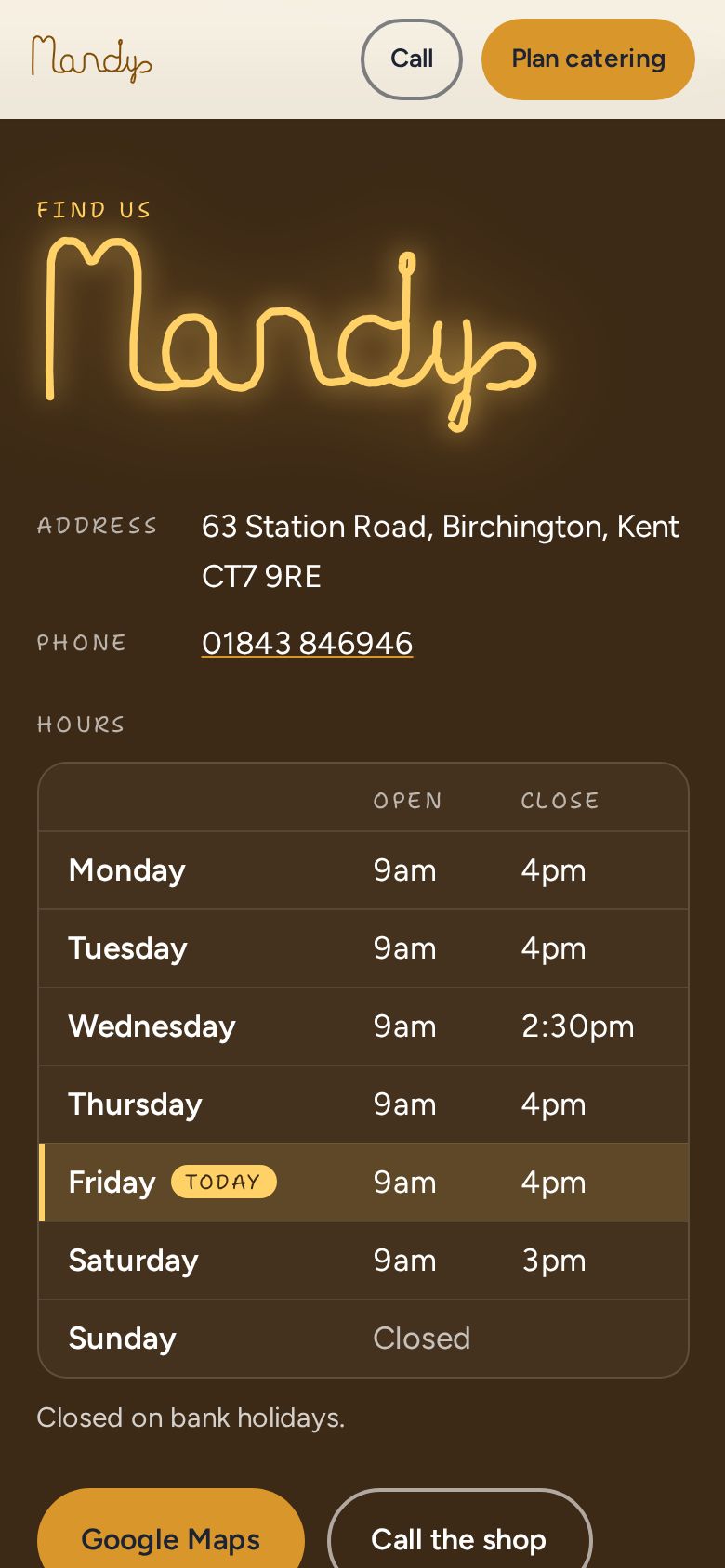 A page of Mandy’s Deli’s website on a phone, captured 29 October 2026