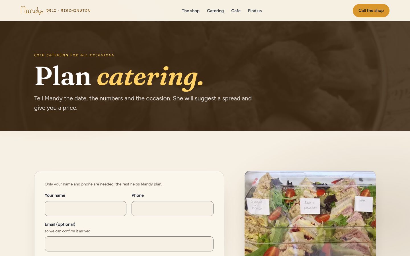 A page of Mandy’s Deli’s website, captured 29 October 2026