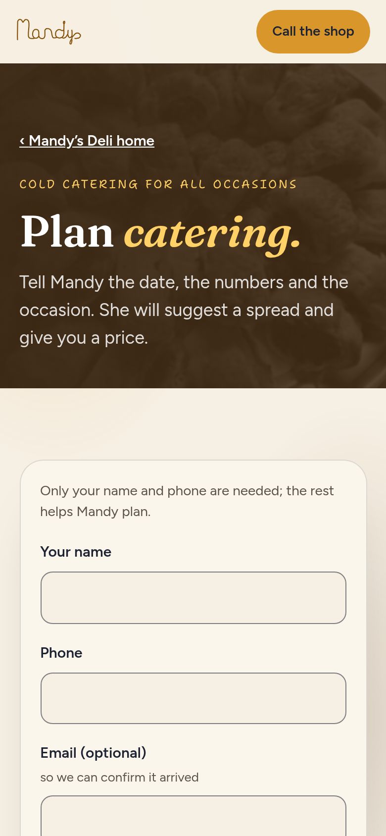 A page of Mandy’s Deli’s website on a phone, captured 29 October 2026